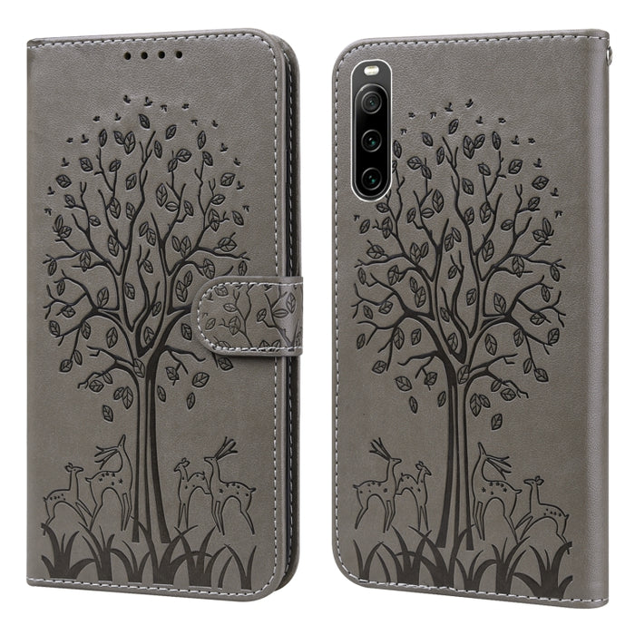 Estuche para teléfono de cuero con tapa prensada con patrón de árbol y ciervo, For Xiaomi Redmi 10A, For Sony Xperia 10 IV