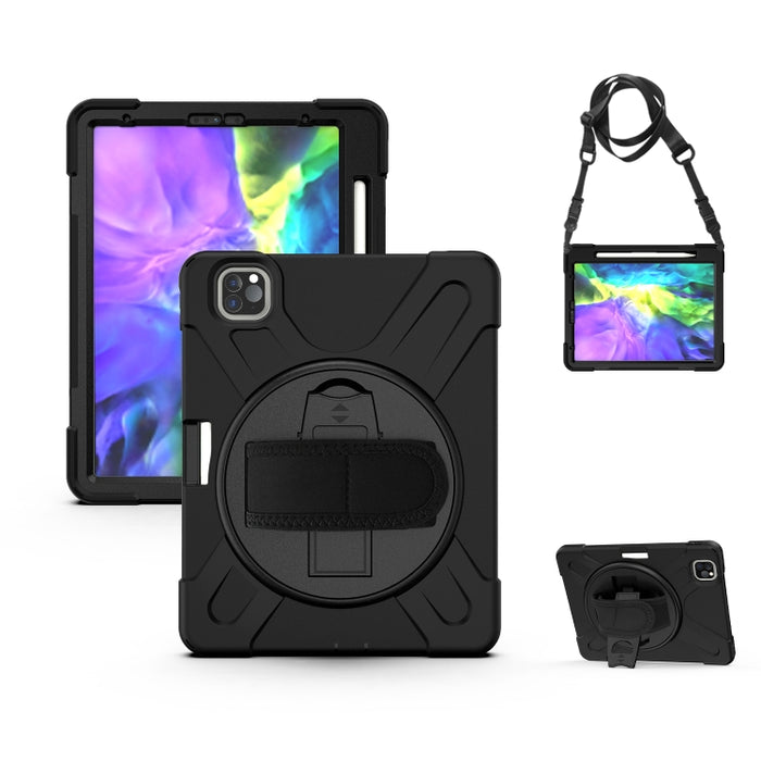 Para iPad Pro 12.9 (2020) Funda protectora de silicona con rotación de 360 grados con soporte y correa de mano y correa larga y ranura para lápiz