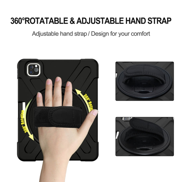 Para iPad Pro 12.9 (2020) Funda protectora de silicona con rotación de 360 grados con soporte y correa de mano y correa larga y ranura para lápiz