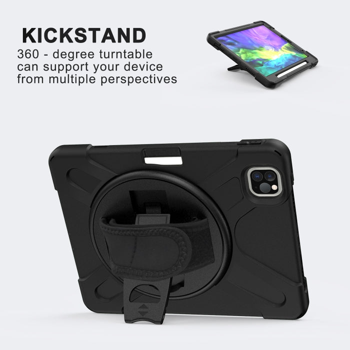 Para iPad Pro 12.9 (2020) Funda protectora de silicona con rotación de 360 grados con soporte y correa de mano y correa larga y ranura para lápiz