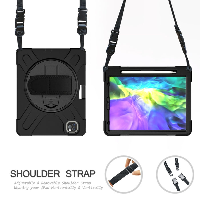 Para iPad Pro 12.9 (2020) Funda protectora de silicona con rotación de 360 grados con soporte y correa de mano y correa larga y ranura para lápiz