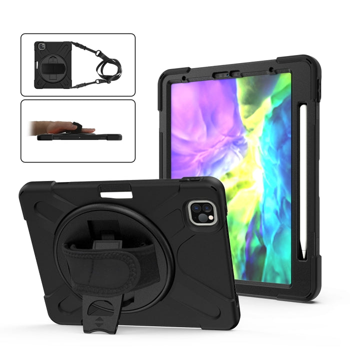 Para iPad Pro 12.9 (2020) Funda protectora de silicona con rotación de 360 grados con soporte y correa de mano y correa larga y ranura para lápiz