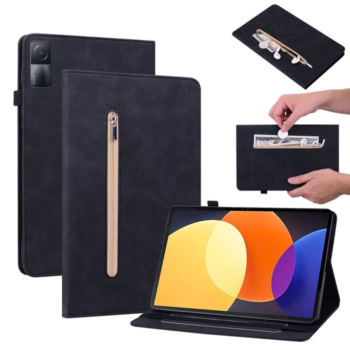 Estuche para tableta de cuero con cremallera de color sólido con sensación de piel, For Xiaomi Pad 5 Pro 12.4, For Xiaomi Redmi Pad 10.61