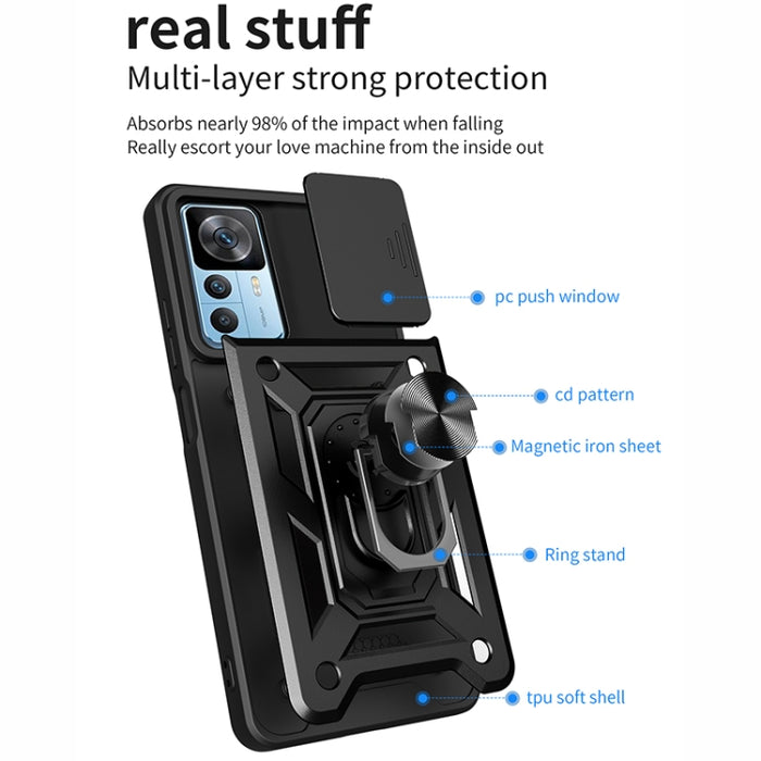 Diseño de cubierta de cámara deslizante Funda de teléfono TPU + PC, For Xiaomi 12T, For Xiaomi Redmi A1 4G, For Motorola Moto G22, For OPPO Reno8 5G