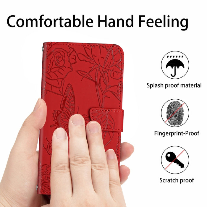 HT03 Skin Feel Butterfly Estuche de cuero con tapa en relieve para teléfono, For Xiaomi Poco M5 4G/5G/M4 5G, For Xiaomi Poco M5s, For Xiaomi Redmi A1, For Xiaomi Redmi K50 Ultra/12T/12T Pro