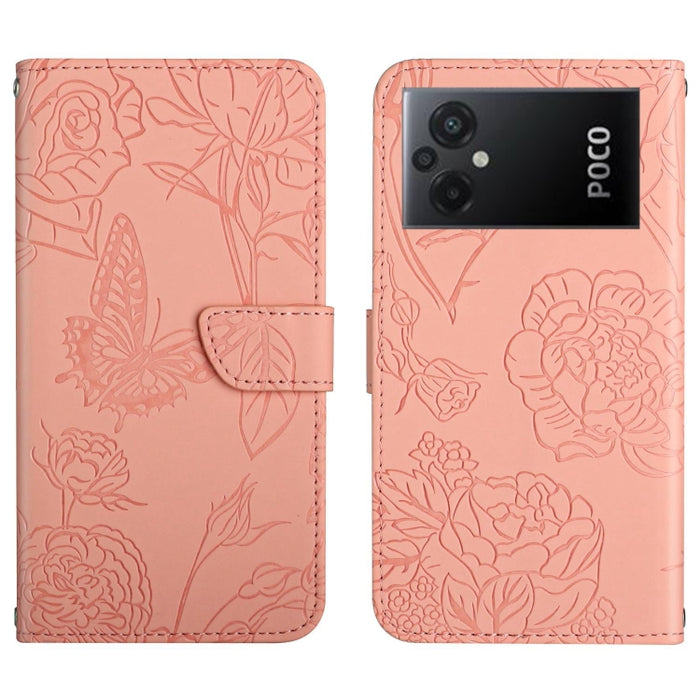 HT03 Skin Feel Butterfly Estuche de cuero con tapa en relieve para teléfono, For Xiaomi Poco M5 4G/5G/M4 5G, For Xiaomi Poco M5s, For Xiaomi Redmi A1, For Xiaomi Redmi K50 Ultra/12T/12T Pro