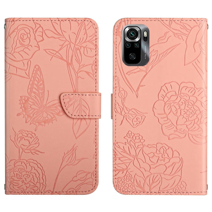 HT03 Skin Feel Butterfly Estuche de cuero con tapa en relieve para teléfono, For Xiaomi Poco M5 4G/5G/M4 5G, For Xiaomi Poco M5s, For Xiaomi Redmi A1, For Xiaomi Redmi K50 Ultra/12T/12T Pro