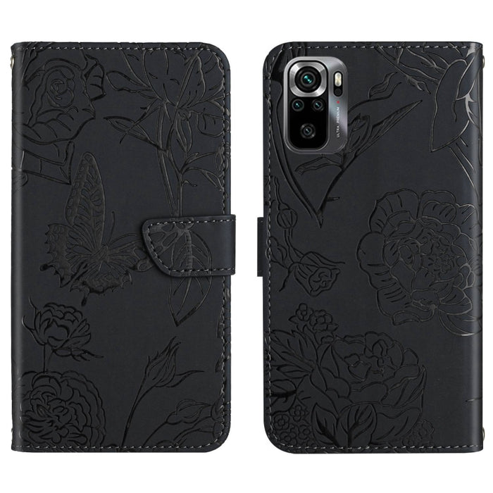 HT03 Skin Feel Butterfly Estuche de cuero con tapa en relieve para teléfono, For Xiaomi Poco M5 4G/5G/M4 5G, For Xiaomi Poco M5s, For Xiaomi Redmi A1, For Xiaomi Redmi K50 Ultra/12T/12T Pro