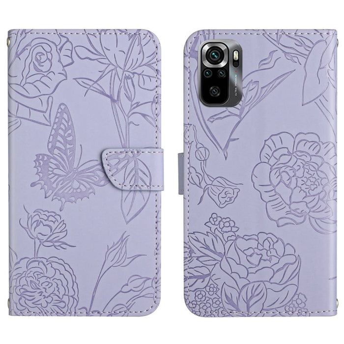 HT03 Skin Feel Butterfly Estuche de cuero con tapa en relieve para teléfono, For Xiaomi Poco M5 4G/5G/M4 5G, For Xiaomi Poco M5s, For Xiaomi Redmi A1, For Xiaomi Redmi K50 Ultra/12T/12T Pro
