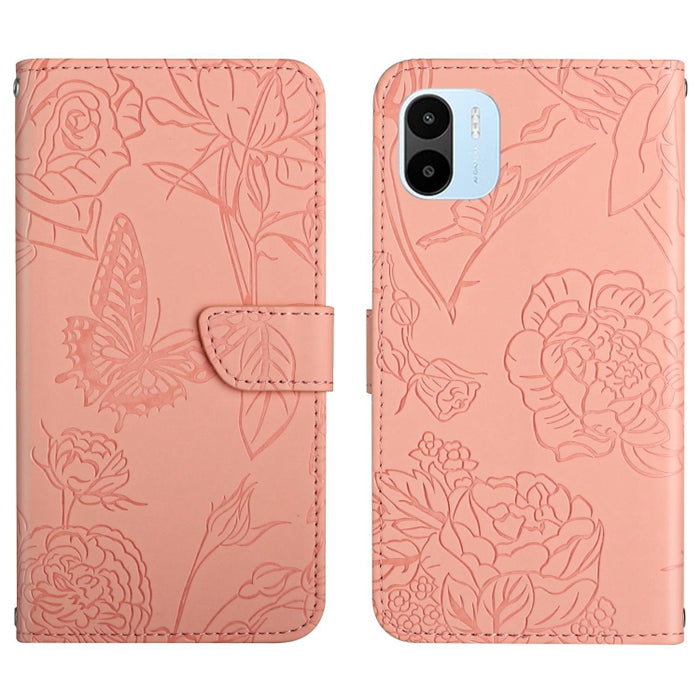HT03 Skin Feel Butterfly Estuche de cuero con tapa en relieve para teléfono, For Xiaomi Poco M5 4G/5G/M4 5G, For Xiaomi Poco M5s, For Xiaomi Redmi A1, For Xiaomi Redmi K50 Ultra/12T/12T Pro