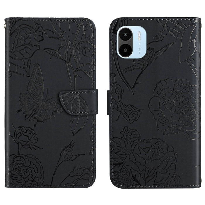 HT03 Skin Feel Butterfly Estuche de cuero con tapa en relieve para teléfono, For Xiaomi Poco M5 4G/5G/M4 5G, For Xiaomi Poco M5s, For Xiaomi Redmi A1, For Xiaomi Redmi K50 Ultra/12T/12T Pro