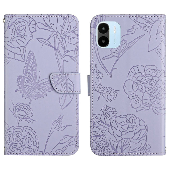 HT03 Skin Feel Butterfly Estuche de cuero con tapa en relieve para teléfono, For Xiaomi Poco M5 4G/5G/M4 5G, For Xiaomi Poco M5s, For Xiaomi Redmi A1, For Xiaomi Redmi K50 Ultra/12T/12T Pro