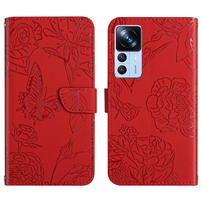 HT03 Skin Feel Butterfly Estuche de cuero con tapa en relieve para teléfono, For Xiaomi Poco M5 4G/5G/M4 5G, For Xiaomi Poco M5s, For Xiaomi Redmi A1, For Xiaomi Redmi K50 Ultra/12T/12T Pro