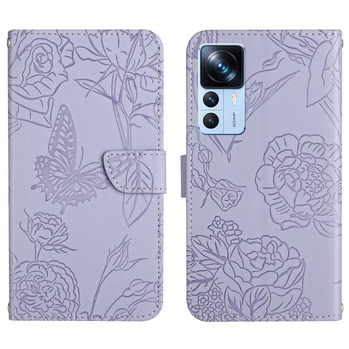 HT03 Skin Feel Butterfly Estuche de cuero con tapa en relieve para teléfono, For Xiaomi Poco M5 4G/5G/M4 5G, For Xiaomi Poco M5s, For Xiaomi Redmi A1, For Xiaomi Redmi K50 Ultra/12T/12T Pro