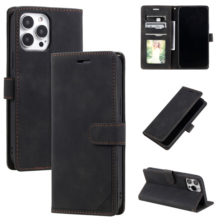 Estuche para teléfono de cuero con tapa horizontal y cepillo antirrobo Skin Feel