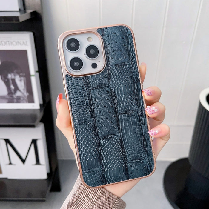 Estuche para teléfono de cuero con textura de mahjong electrochapado nano