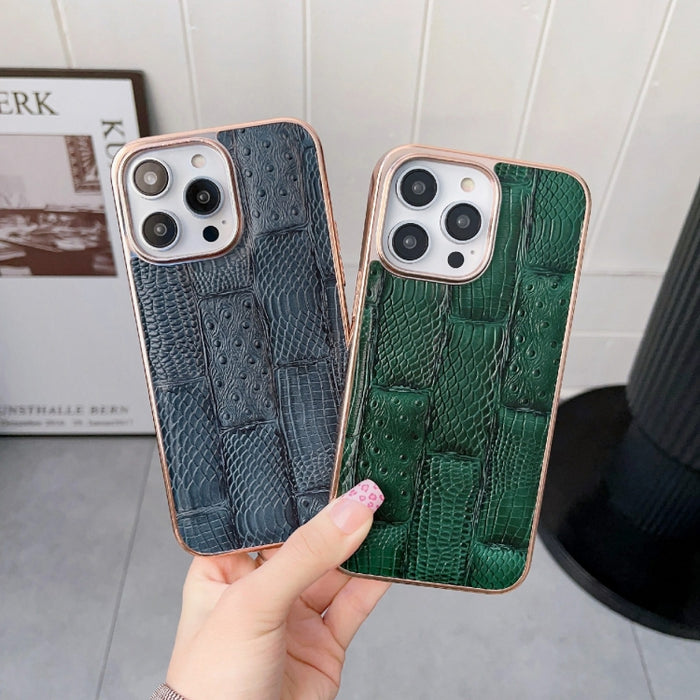 Estuche para teléfono de cuero con textura de mahjong electrochapado nano