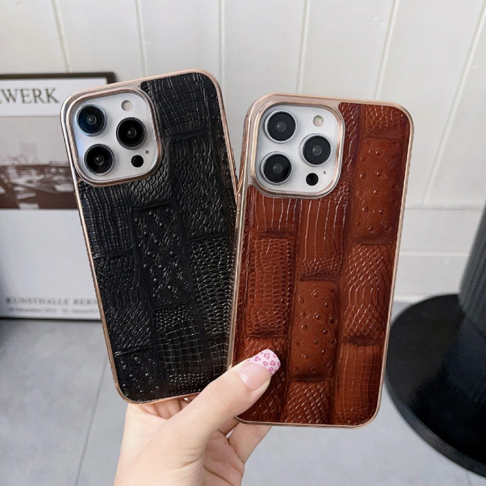 Estuche para teléfono de cuero con textura de mahjong electrochapado nano