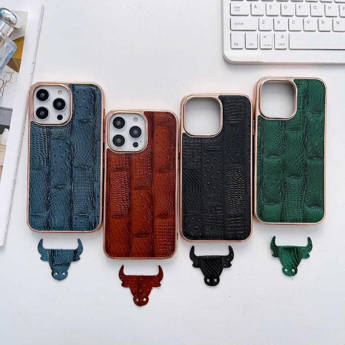 Estuche para teléfono de cuero con textura de mahjong electrochapado nano