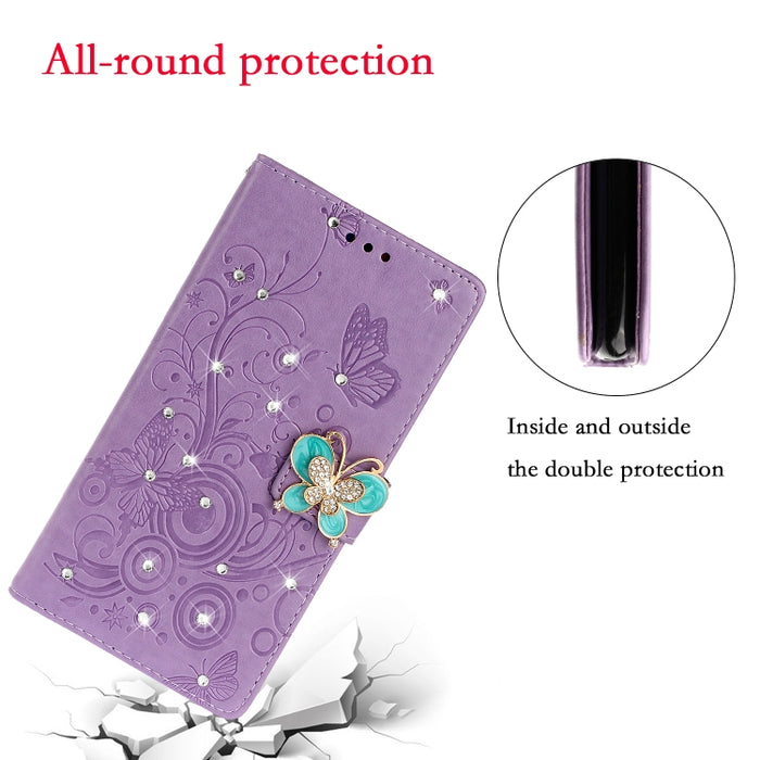 Estuche de cuero en relieve con mariposa de diamantes de imitación horizontales con ranura para tarjeta y billetera y soporte, For Xiaomi Redmi Note 9 Pro