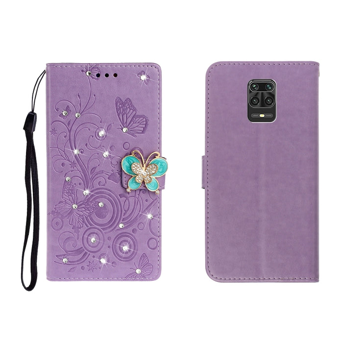 Estuche de cuero en relieve con mariposa de diamantes de imitación horizontales con ranura para tarjeta y billetera y soporte, For Xiaomi Redmi Note 9 Pro
