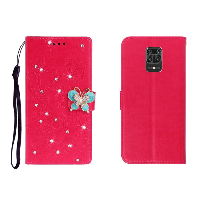 Estuche de cuero en relieve con mariposa de diamantes de imitación horizontales con ranura para tarjeta y billetera y soporte, For Xiaomi Redmi Note 9 Pro