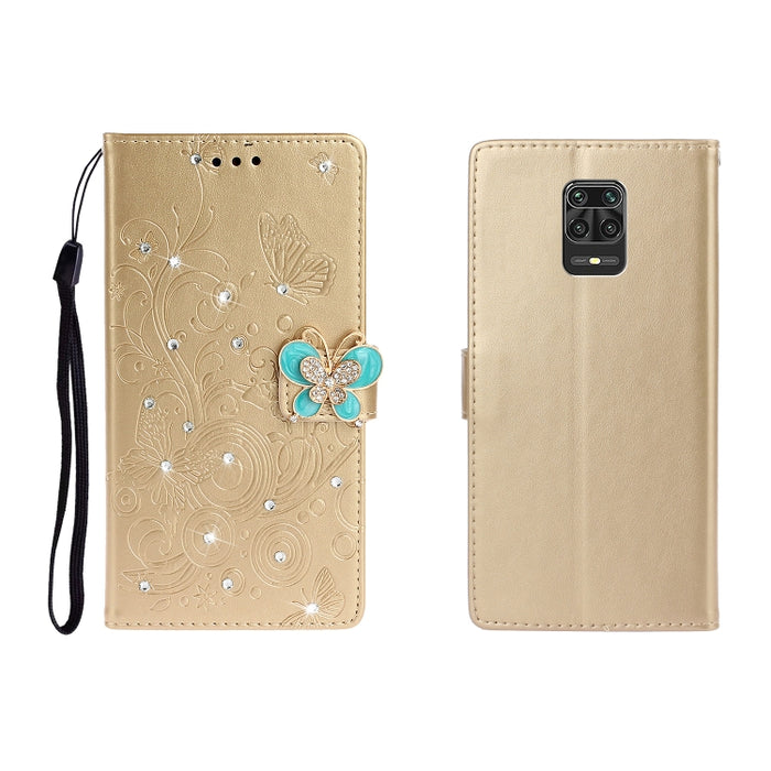 Estuche de cuero en relieve con mariposa de diamantes de imitación horizontales con ranura para tarjeta y billetera y soporte, For Xiaomi Redmi Note 9 Pro