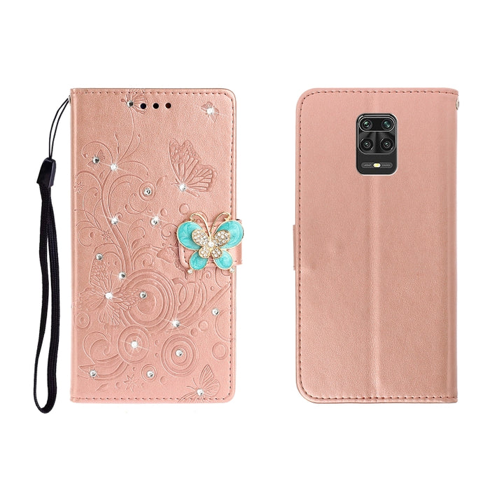 Estuche de cuero en relieve con mariposa de diamantes de imitación horizontales con ranura para tarjeta y billetera y soporte, For Xiaomi Redmi Note 9 Pro