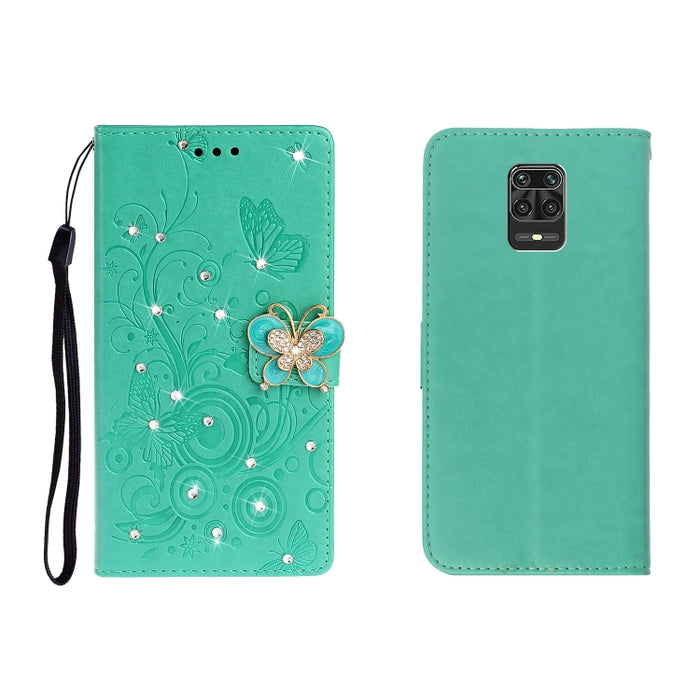 Estuche de cuero en relieve con mariposa de diamantes de imitación horizontales con ranura para tarjeta y billetera y soporte, For Xiaomi Redmi Note 9 Pro