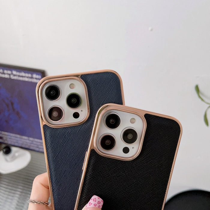 Estuche para teléfono de cuero genuino con textura cruzada de galvanoplastia nano