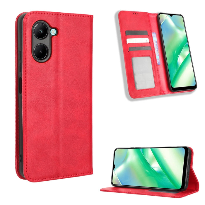 Caja de teléfono de cuero con textura retro con hebilla magnética, For Realme C33 4G, For T-Mobile Revvl 6 5G, For T-Mobile REVVL 6 Pro 5G, For vivo V25 5G /  X80 Lite, For vivo V25 Pro / S15 Pro, For vivo Y35 4G / Y22s 4G / Y22 4G 2022                ...