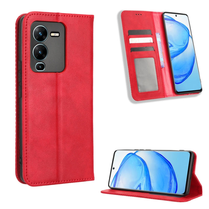 Caja de teléfono de cuero con textura retro con hebilla magnética, For Realme C33 4G, For T-Mobile Revvl 6 5G, For T-Mobile REVVL 6 Pro 5G, For vivo V25 5G /  X80 Lite, For vivo V25 Pro / S15 Pro, For vivo Y35 4G / Y22s 4G / Y22 4G 2022                ...