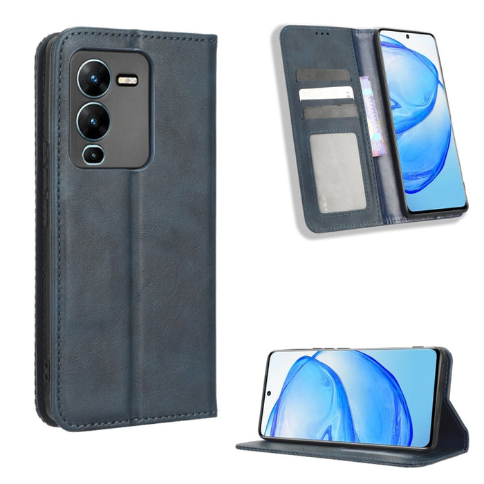 Caja de teléfono de cuero con textura retro con hebilla magnética, For Realme C33 4G, For T-Mobile Revvl 6 5G, For T-Mobile REVVL 6 Pro 5G, For vivo V25 5G /  X80 Lite, For vivo V25 Pro / S15 Pro, For vivo Y35 4G / Y22s 4G / Y22 4G 2022                ...