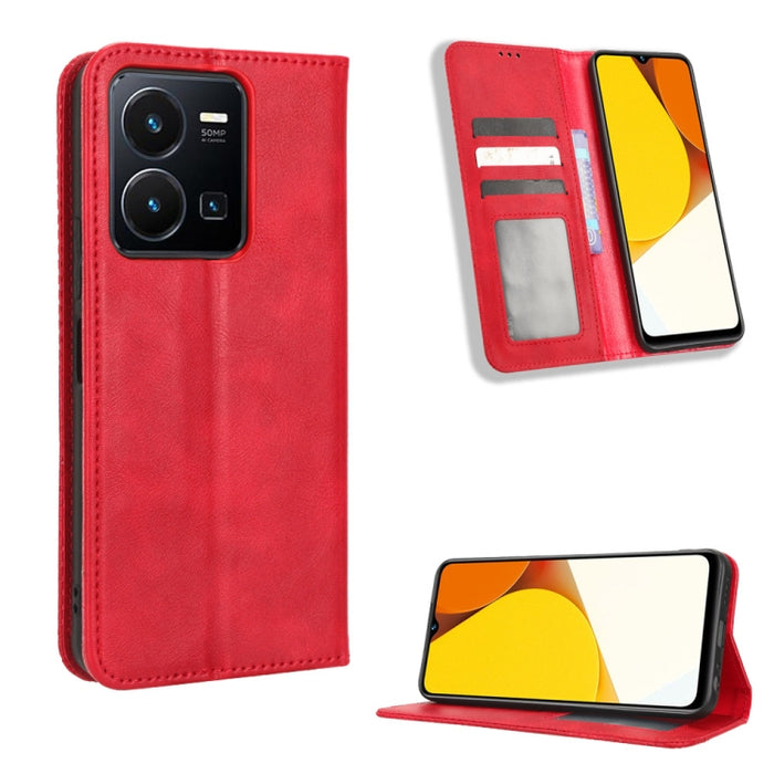 Caja de teléfono de cuero con textura retro con hebilla magnética, For Realme C33 4G, For T-Mobile Revvl 6 5G, For T-Mobile REVVL 6 Pro 5G, For vivo V25 5G /  X80 Lite, For vivo V25 Pro / S15 Pro, For vivo Y35 4G / Y22s 4G / Y22 4G 2022                ...