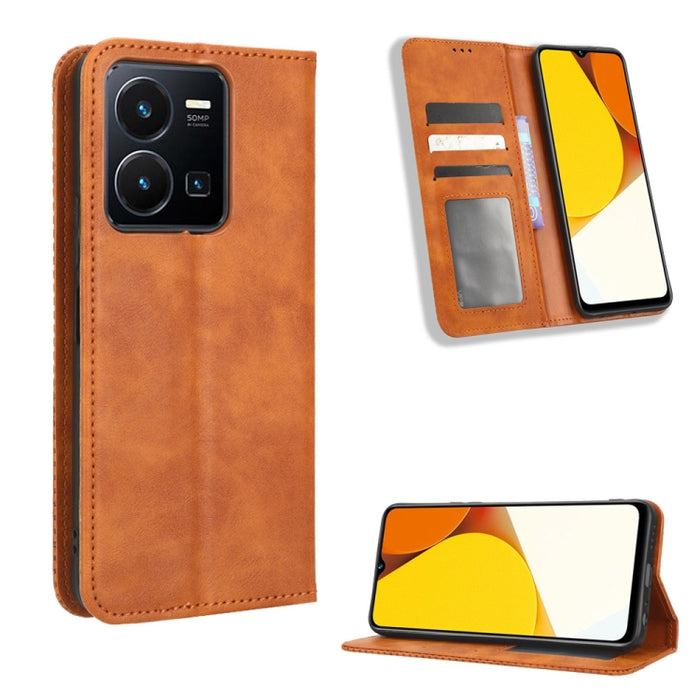 Caja de teléfono de cuero con textura retro con hebilla magnética, For Realme C33 4G, For T-Mobile Revvl 6 5G, For T-Mobile REVVL 6 Pro 5G, For vivo V25 5G /  X80 Lite, For vivo V25 Pro / S15 Pro, For vivo Y35 4G / Y22s 4G / Y22 4G 2022                ...