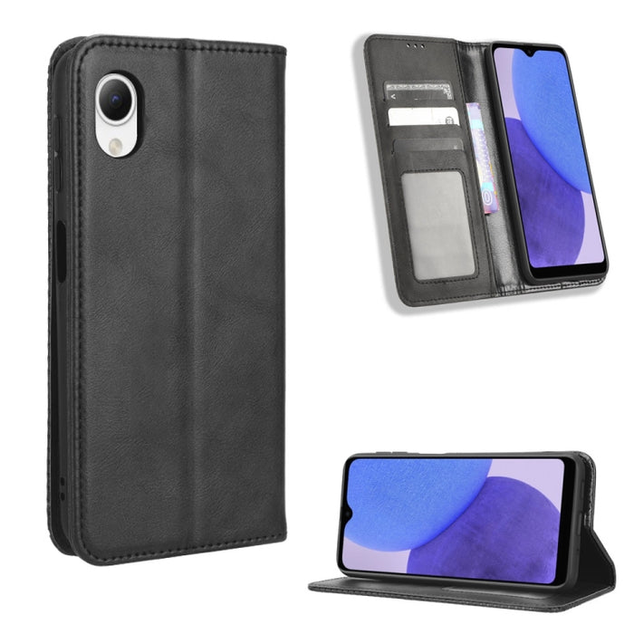 Caja de teléfono de cuero con textura retro con hebilla magnética, For Samsung Galaxy A23e / A23s / A23 5G JP, For Sony Xperia 5 IV, For Sharp Aquos Sense7 Plus, For iPhone 14 Plus, For Sharp Aquos Sense7, For iPhone 14 Pro Max                         ...