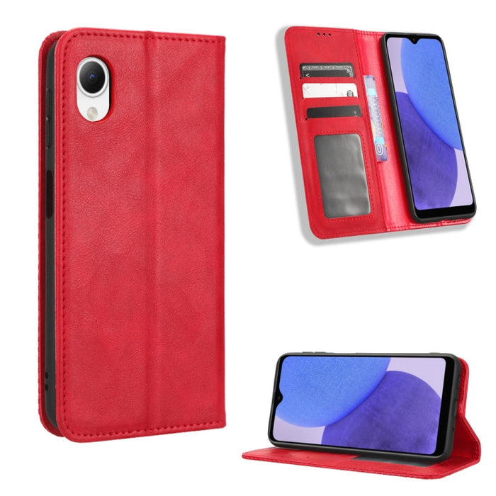 Caja de teléfono de cuero con textura retro con hebilla magnética, For Samsung Galaxy A23e / A23s / A23 5G JP, For Sony Xperia 5 IV, For Sharp Aquos Sense7 Plus, For iPhone 14 Plus, For Sharp Aquos Sense7, For iPhone 14 Pro Max                         ...