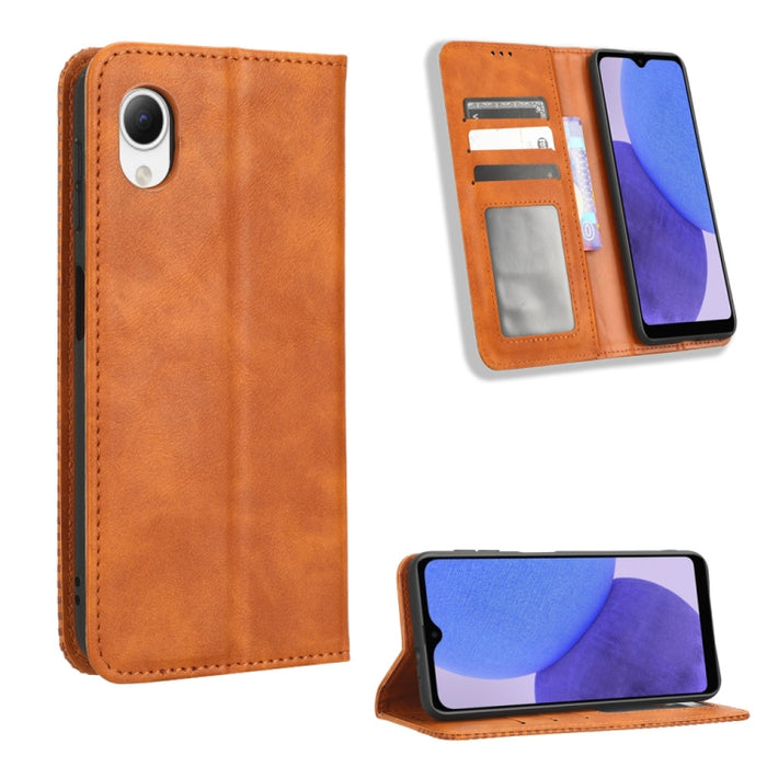 Caja de teléfono de cuero con textura retro con hebilla magnética, For Samsung Galaxy A23e / A23s / A23 5G JP, For Sony Xperia 5 IV, For Sharp Aquos Sense7 Plus, For iPhone 14 Plus, For Sharp Aquos Sense7, For iPhone 14 Pro Max                         ...