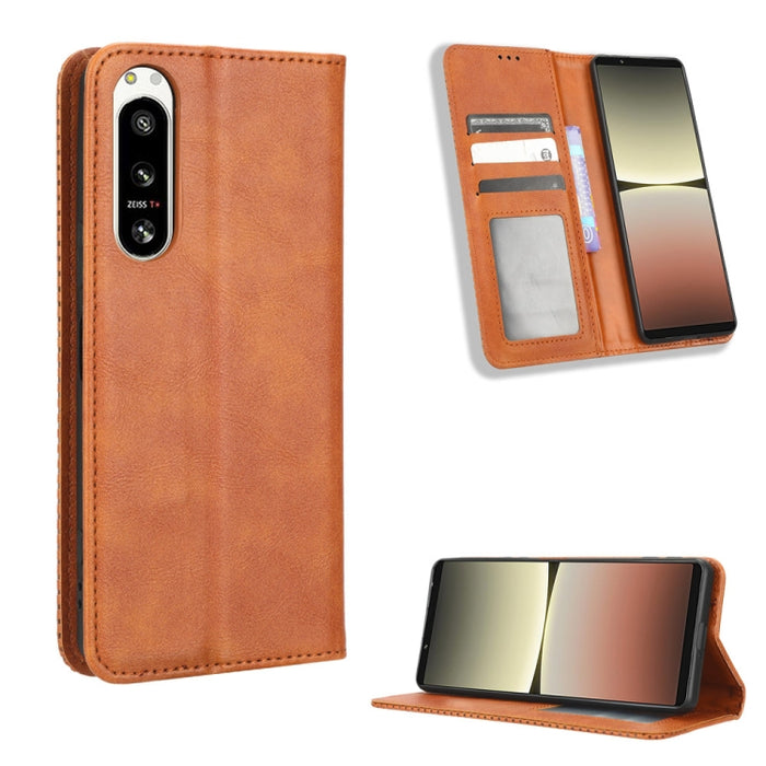 Caja de teléfono de cuero con textura retro con hebilla magnética, For Samsung Galaxy A23e / A23s / A23 5G JP, For Sony Xperia 5 IV, For Sharp Aquos Sense7 Plus, For iPhone 14 Plus, For Sharp Aquos Sense7, For iPhone 14 Pro Max                         ...