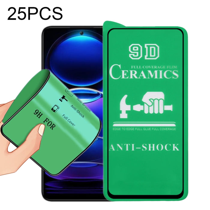 Película de cerámica de pegamento completo de pantalla completa 9D de 25 piezas, For Xiaomi Redmi Note 12 China / Note 12 Global (25 PCS), For Xiaomi Redmi Note 12 Pro / 12 Pro+ / 12 Explorer (25 PCS)
