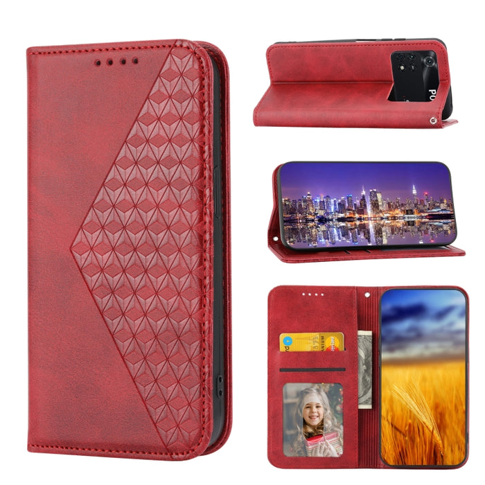 Caja de teléfono de cuero con cierre magnético y textura de becerro de rejilla cúbica, For Xiaomi Redmi Note 10 4G/Note 10S 4G/Poco M5s 4G/Redmi Note 11SE India, For Xiaomi Redmi Note 10 4G/Note 10S 4G, For Xiaomi Redmi Note 10 Pro                     ...