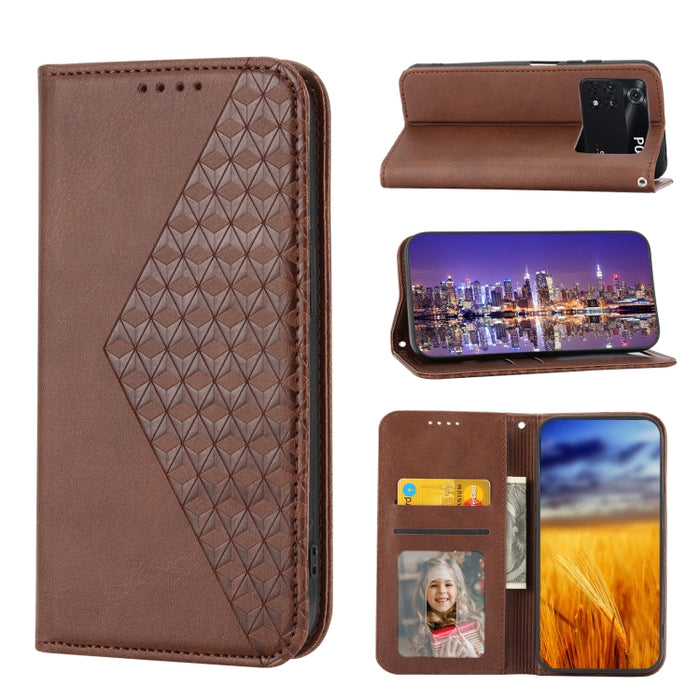 Caja de teléfono de cuero con cierre magnético y textura de becerro de rejilla cúbica, For Xiaomi Redmi Note 10 4G/Note 10S 4G/Poco M5s 4G/Redmi Note 11SE India, For Xiaomi Redmi Note 10 4G/Note 10S 4G, For Xiaomi Redmi Note 10 Pro                     ...