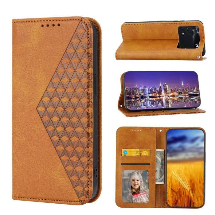 Caja de teléfono de cuero con cierre magnético y textura de becerro de rejilla cúbica, For Xiaomi Redmi Note 10 4G/Note 10S 4G/Poco M5s 4G/Redmi Note 11SE India, For Xiaomi Redmi Note 10 4G/Note 10S 4G, For Xiaomi Redmi Note 10 Pro                     ...