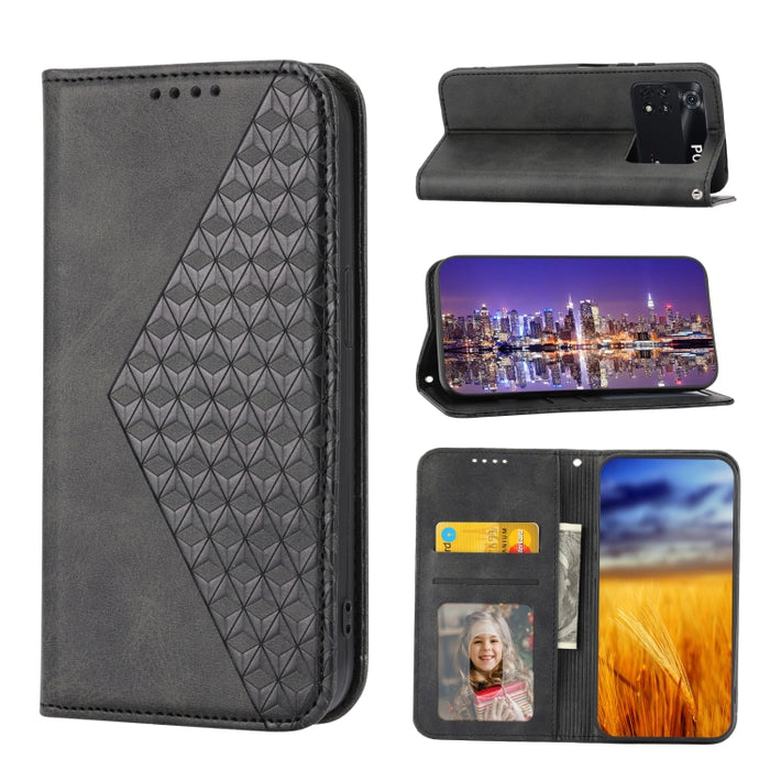 Caja de teléfono de cuero con cierre magnético y textura de becerro de rejilla cúbica, For Xiaomi Redmi Note 10 4G/Note 10S 4G/Poco M5s 4G/Redmi Note 11SE India, For Xiaomi Redmi Note 10 4G/Note 10S 4G, For Xiaomi Redmi Note 10 Pro                     ...