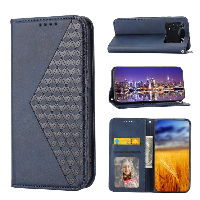 Caja de teléfono de cuero con cierre magnético y textura de becerro de rejilla cúbica, For Xiaomi Redmi Note 10 4G/Note 10S 4G/Poco M5s 4G/Redmi Note 11SE India, For Xiaomi Redmi Note 10 4G/Note 10S 4G, For Xiaomi Redmi Note 10 Pro                     ...
