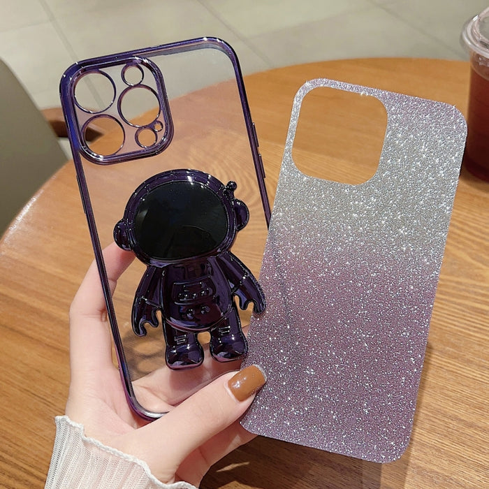 Estuche para teléfono con polvo de brillo degradado con soporte de astronauta