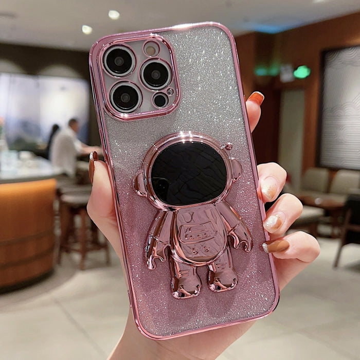 Estuche para teléfono con polvo de brillo degradado con soporte de astronauta