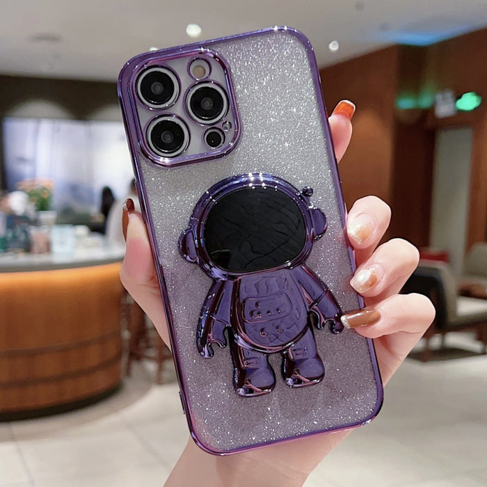 Estuche para teléfono con polvo de brillo degradado con soporte de astronauta