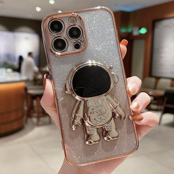 Estuche para teléfono con polvo de brillo degradado con soporte de astronauta