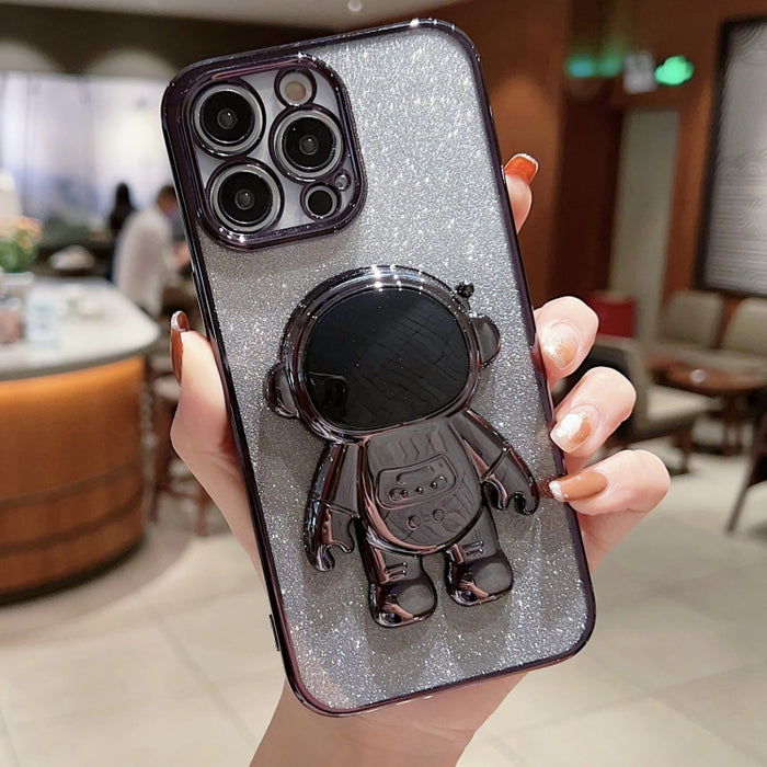 Estuche para teléfono con polvo de brillo degradado con soporte de astronauta